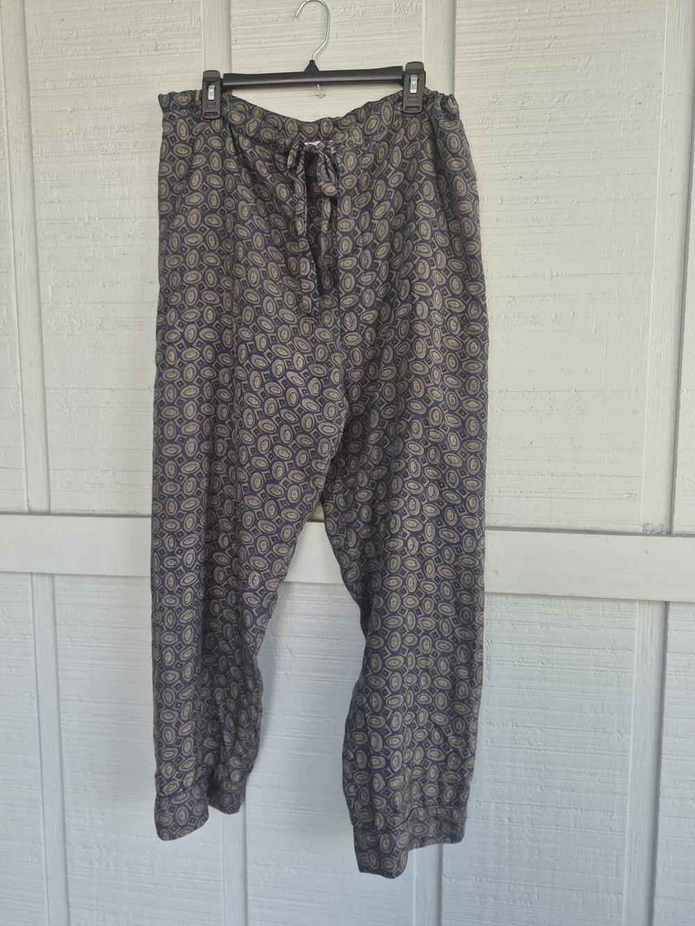 Men's Medium SILK Navy/Green Printed Drawstring  Pajama Bottoms